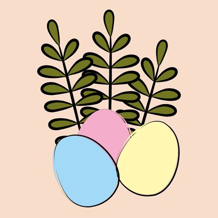 Three colored eggs with leaves on colored background.のイラスト素材