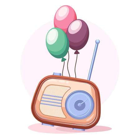 Cute retro radio with cake and balloons. Radio birthday background.のイラスト素材