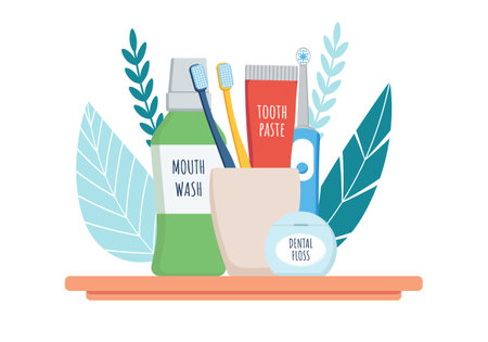 Oral and teeth care conception. Set of dental cleaning tools. Toothbrush, electric toothbrush and toothpaste, mouthwash, dental floss. dental hygiene.のイラスト素材