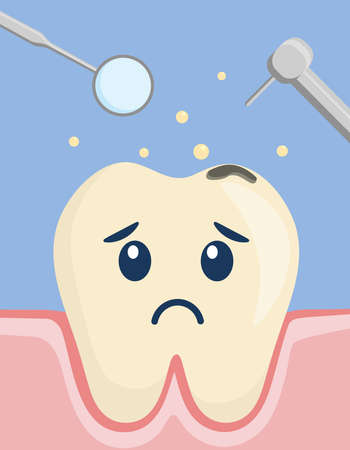 Sad decay tooth. dental problem. Teeth treatment. Toothache Oral care.のイラスト素材
