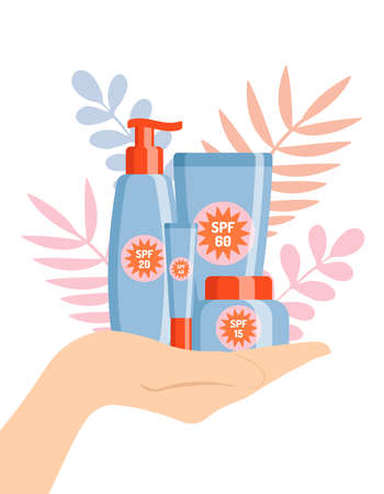 Sunscreen protection cosmetics in hand. Summer skin care cosmetic concept.のイラスト素材