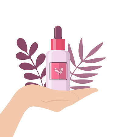 Serum bottle in hand with leaves. flat design.のイラスト素材