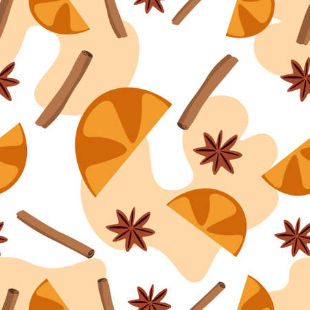 Orange and spices seamless pattern. Background for wallpapers, textiles, papers, fabrics, web pages. Food ornament, vintage style.のイラスト素材