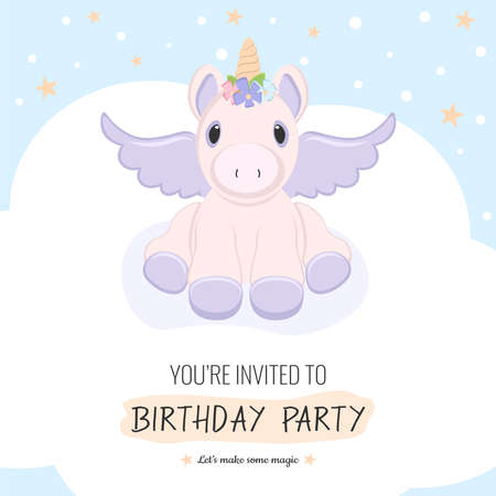 Unicorn sitting on cloud for birthday party. Invitation backgroundのイラスト素材