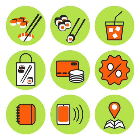 Sushi icons set on green backgroundのイラスト素材