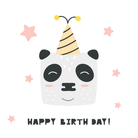 Cute panda head. Hand drawn vector character. Happy Birthsay handwritten lettering. Scandinavian cartoon style. For web, posters, invitations, postcards, greeting cards, flyers, etc.のイラスト素材