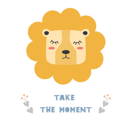 Cute lion head. Hand drawn vector character. Scandinavian cartoon style. For web, posters, invitations, postcards, greeting cards, flyers, etc.のイラスト素材