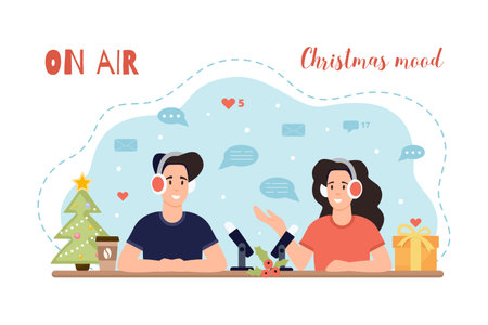Christmas mood. A man and a woman in headphones talking on air. broadcast concept.のイラスト素材