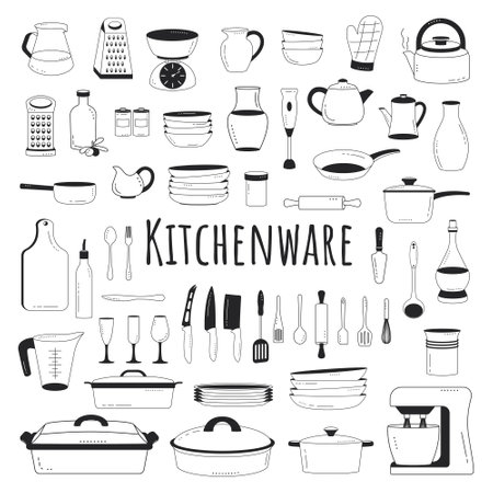 kitchenware set. Doodle cooking icons. Cookware elements. Template, banner for design, menu, restaurant, cafe, bakery, wallpaper, recipe card, cookbook. Vector.のイラスト素材