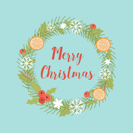 Merry Christmas wreath with orange, pines, snowflakes, poinsettia on blue background. Green fir twigs and red berries. vector illustration. greeting card template. Winter holidaysのイラスト素材