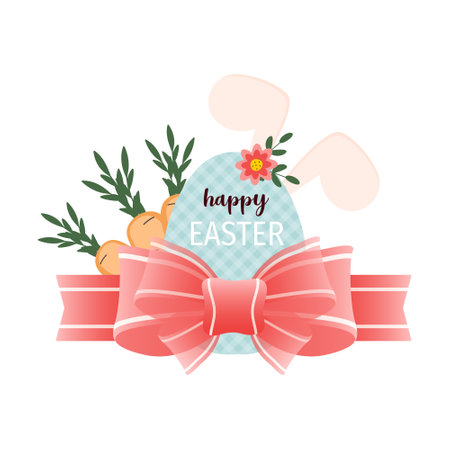 Happy Easter gift tag and label with cute cartoon bow, egg, carrots and bunny ears.のイラスト素材
