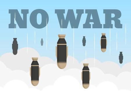 no war poster design. Falling rockets in cloudy sky. Flat vector illustration template.のイラスト素材