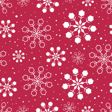 Falling snowflakes on red background. Seamless pattern. Design texture winter season for prints. Repeat snowflakes. Snowflake in doodle style. vector illustrationのイラスト素材
