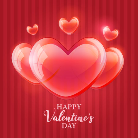 Valentines Day postcard template with heart shaped balloons and bow on pink background. Holiday vector illustrationのイラスト素材