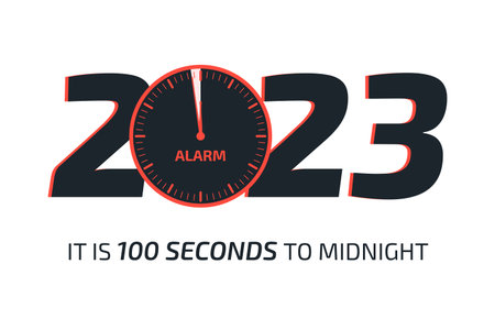 It is 100 seconds to the midnight banner. Doomsday alarm poster. Doomsday clock. Symbol of global...