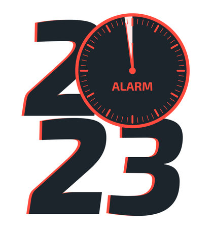 2023 Doomsday alarm poster. Doomsday clock. Symbol of global catastrophe, apocalypse sign. Flat vector illustration.のイラスト素材