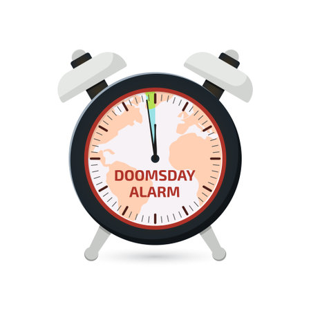 Doomsday alarm poster. Doomsday clock. 100 seconds to midnight. Symbol of global catastrophe, apocalypse sign. Flat vector illustration.のイラスト素材