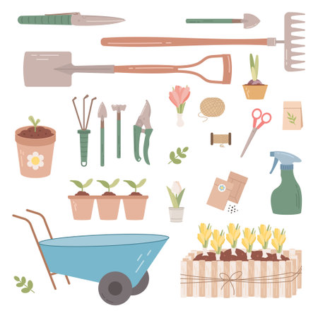 Garden equipment, tools isolated on white background. Seasonal garden work. Spring vector illustration.のイラスト素材
