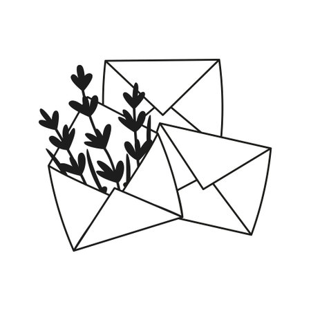 Open envelope with hand drawn lavender flowers. vector illustration. Simple doodle style.のイラスト素材