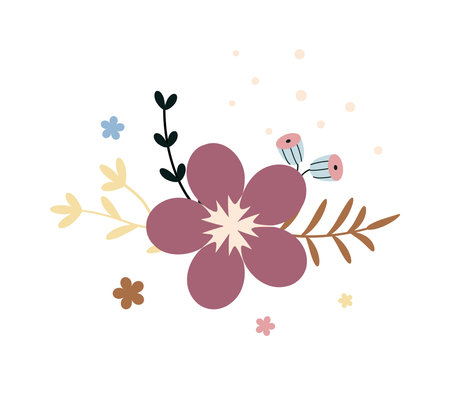 Flower with leaves, floral bouquet. Vector flowers. Spring art. Happy Easter, Woman Day element. Folk style. Posters for the spring holidays isolated on white background.のイラスト素材