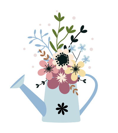Flower with leaves, watering can with floral bouquet. vector flowers. spring art. Happy Easter, Woman Day element. folk style. Posters for the spring holidays isolated on white background.のイラスト素材