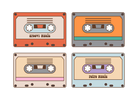 Old fashioned audio cassettes set isolated on white background. Back to 90s. Nostalgia for 1990s element. retro style.のイラスト素材