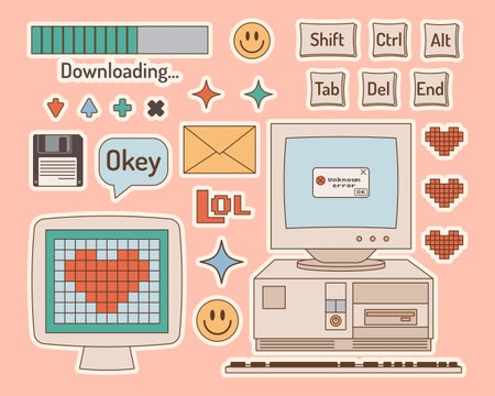 Set of retro electronic devices. PC, keyboard, monitor, floppy disk, envelope, buttons. Back to 90s. Nostalgia for 1990s element. Retro style.のイラスト素材