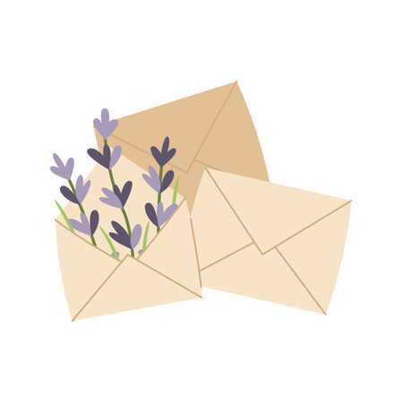 Open envelope with hand drawn lavender flowers. vector illustration. simple flat style.のイラスト素材