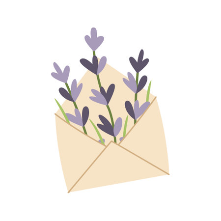 Open envelope with hand drawn lavender flowers. vector illustration. simple flat style.のイラスト素材