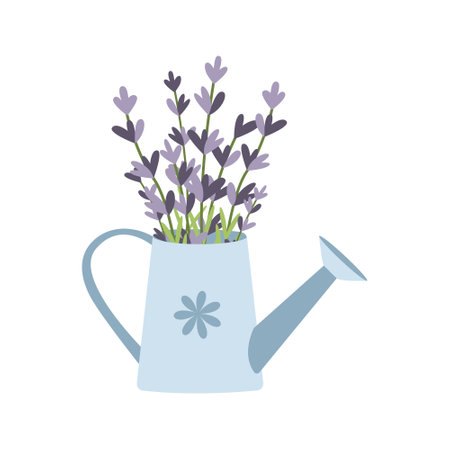 Watering can with hand drawn lavender flowers. vector illustration. simple flat style.のイラスト素材