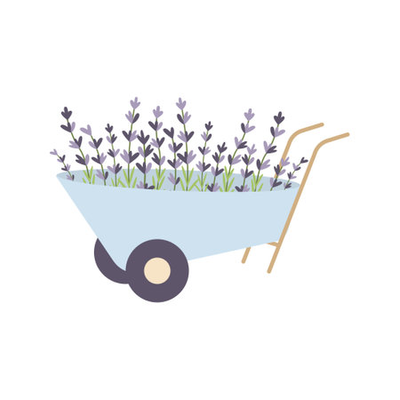 Garden cart with lavender flowers isolated on white background. Hand drawn sketch.Vector illustration. simple flat style.のイラスト素材