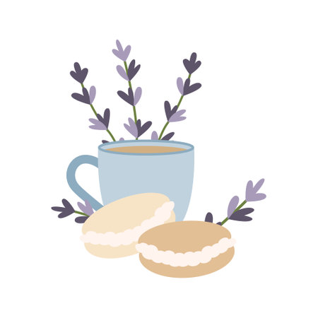 Coffee cup, french sweets and hand drawn lavender flowers. vector illustration. simple flat style.のイラスト素材