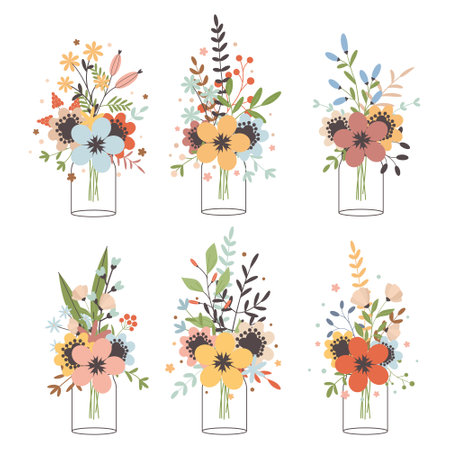 Glass jar with a bouquet of spring flowers set. Cute simple vintage style.のイラスト素材
