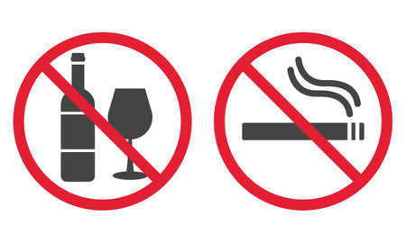 No drink, no smoking poster. Forbidden pictogram. Red stop circle symbol. No allowed sign. Prohibited zone. Vector illustration isolated on white backgroundのイラスト素材