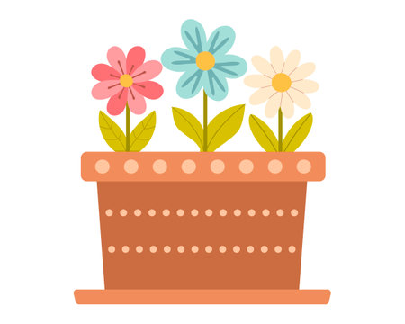 Pot with spring flowers. Cute vector illustration for spring design. Flat style vector illustrationのイラスト素材