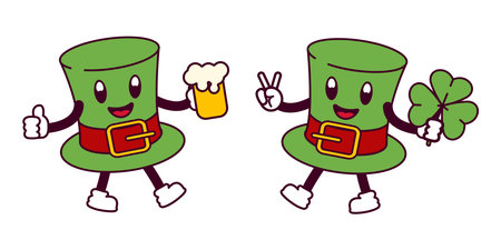 Leprechaun's hat set with shamrock leaf isolated on white background. Illustration for Saint Patrick's Day decoration. Groovy cartoon style of 70sのイラスト素材