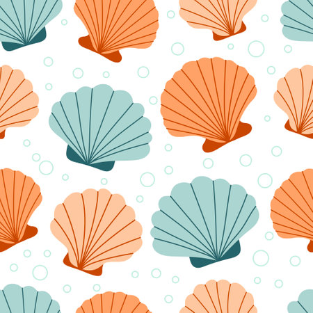 Seashells seamless pattern. Trendy background of seashells for wrapping paper, web, textile. Marine decoration. Flat styleのイラスト素材