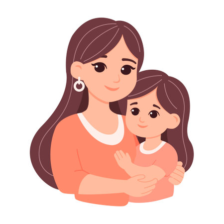 Mom with child in her hands with flowers isolated on white background. Cute flat style vector illustration. For web pages, postcards, greeting cards, postersのイラスト素材