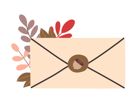 Autumn forest leaves in opened envelope isolated on white background. Seasonal Autumn vibes design for greeting cards, web or posterのイラスト素材