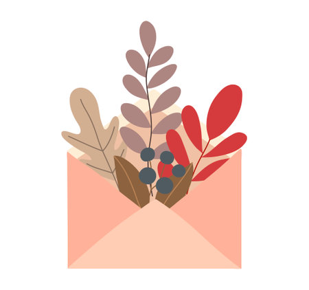 Autumn forest leaves in opened envelope isolated on white background. Seasonal Autumn vibes design for greeting cards, web or posterのイラスト素材