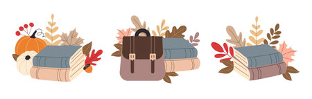 Autumn pumpkins and forest leaves and berries isolated on white background set. Seasonal harvest design for greeting cards, web or posterのイラスト素材