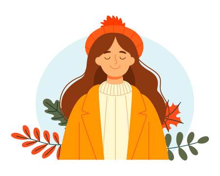 Girl in orange coat and knitted hat isolated on white background. Autumn mood, foliage. Flat cute cozy illustrationのイラスト素材