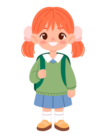 Little schoolgirl with backpack isolated on white background. Flat vector illustration. Education themeのイラスト素材