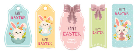 Set of Easter gift tags and labels with cute cartoon bunny. Easter greetings with bunny, eggs and flowers.のイラスト素材