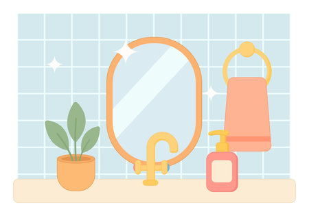 Sink with mirror in bathroom against tiled wall isolated on white background. Cute flat styleのイラスト素材
