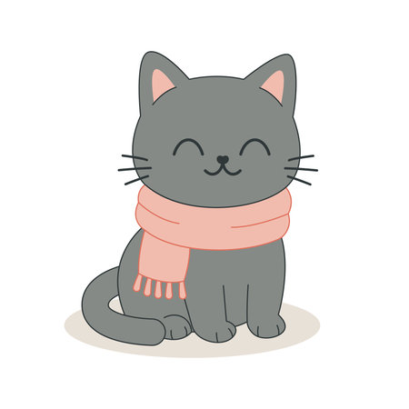 Cute little black kitten sitting in pink scarf isolated on white background. Cute simple flat style, vector illustrationのイラスト素材