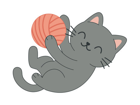 A cute little black kitten plays with a ball of wool isolated on white background. Cute simple flat style, vector illustrationのイラスト素材