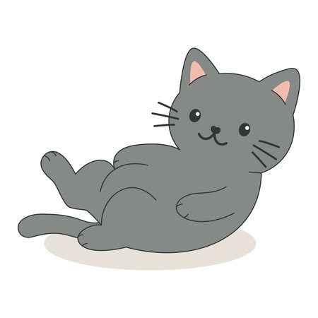 A cute little black kitten is lying on the floor and stretching isolated on white background. Cute simple flat style, vector illustrationのイラスト素材