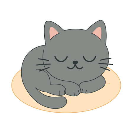 Little cute black kitten sleeping on soft yellow pillow isolated on white background. Cute simple flat style, vector illustrationのイラスト素材