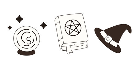 Witch hat, spellbook, crystal ball set isolated on white background. Doodle style. Halloween party elementのイラスト素材